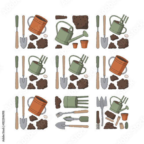 Garden tools watering cans soil and pots arranged in grid gardening