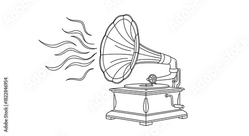 Vintage gramophone line drawing, antique record player for retro music lovers & historical designs