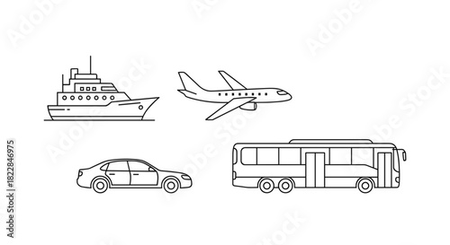 Line art transport icons representing diverse travel options for modern lifestyle designs