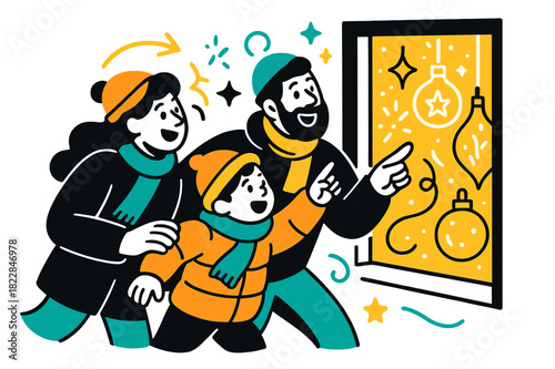 Family Holiday Window Admiration. Family outing. Parents and child bundled up, pointing at glowing decorations