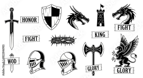 Medieval Fantasy Symbols Swords Dragons Knights Crowns Epic Battle Icons for Gaming History Fantasy Art