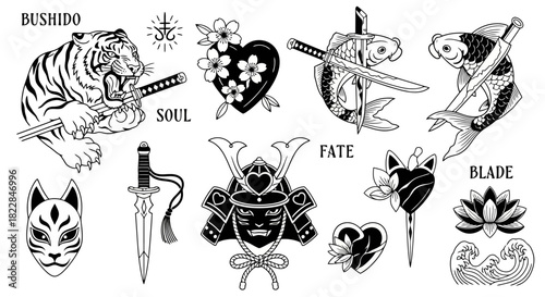 Japanese Tattoo Flash Sheet Bushido Tiger Samurai Helmet Koi Fish Kitsune Mask Cherry Blossoms Lotus Flowers Traditional Art Symbols