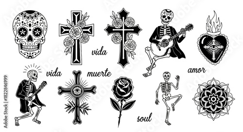 Dia de los Muertos Vector Art Elements Sugar Skull Skeletons Playing Guitar Roses Crosses Sacred Heart Mandala Day of the Dead Celebration Iconography