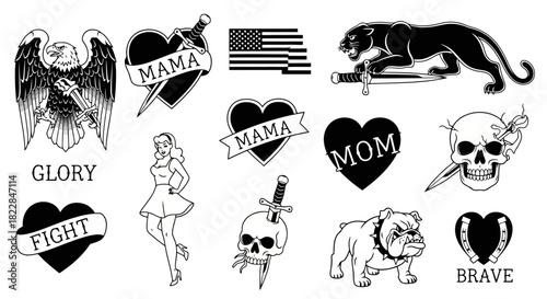 Classic Tattoo Flash Sheet Eagle Panther Skull Hearts Mama Mom Bulldog Pin up Girl American Flag Designs