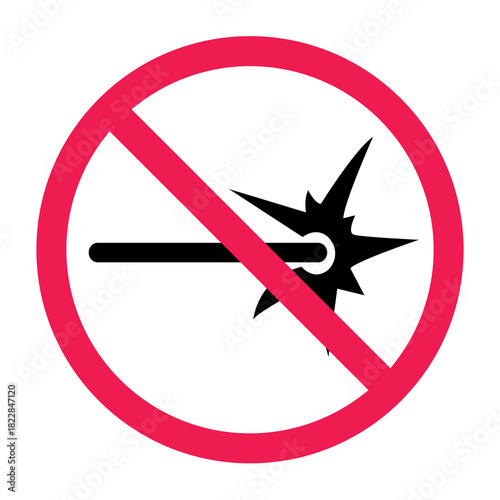 No Laser beam ray sign, forbidden sign with laser icon, laser beam prohibited sign, red crossed circle symbol, flat vector illustration