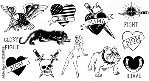 Vintage Tattoo Flash Sheet Iconic Designs Featuring Eagles Hearts Panthers Skulls Bulldogs and Pin up Girls