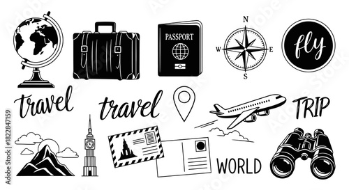 Travel and Adventure Icons Globe Suitcase Passport Plane Compass Binoculars Postcards Mountains for Vacation Planning Exploration
