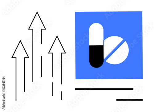 Black and white capsule and tablet in blue square alongside rising arrows. Ideal for healthcare, medicine, pharmaceuticals, growth, innovation, progress, market analysis. Simple flat metaphor