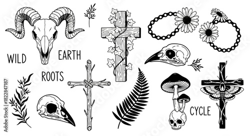 Mystical Nature Elements Ram Skull Bird Skulls Crosses Mushroom Fern and Floral Garland Hand Drawn Illustration for Occult Pagan and Bohemian Designs