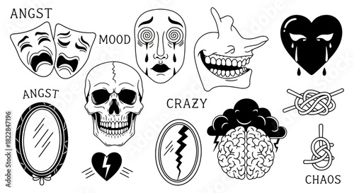 Surreal Illustration Set Emotions Mental Health Chaos Symbols Tattoo Designs