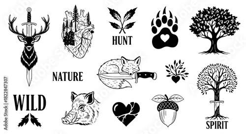 Wild Nature Aesthetic Vector Icons Deer Fox Trees Heart Acorn Boar Wolf Paw Print Black White Emblem Set for Branding Design