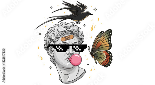 Surreal Ancient Greek Statue Bust with Pixelated Sunglasses Bubblegum and Wildlife Modern Art Collage