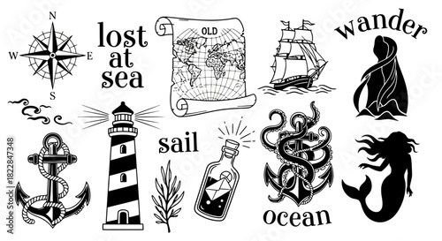 Nautical Adventure Icons Set Compass Anchor Ship Lighthouse Mermaid Map Bottle Vintage Tattoo Travel Graphics