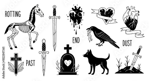 Gothic Tattoo Flash Sheet Skeletons Crows Hearts Swords and Tombstones Dark Art Esoteric Symbols