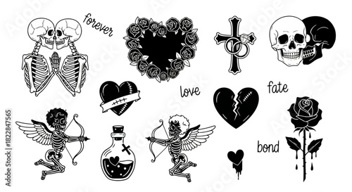 Gothic Romantic Tattoo Design Elements Set Skulls Roses Hearts Cupids Cross Potion Vector Illustrations