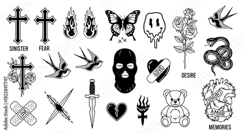 Edgy Tattoo Flash Sheet Crosses Skulls Butterflies Hearts and More Urban Grunge Alternative Style Icons