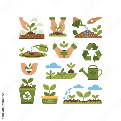 Flat design icons of hands planting and watering seedlings sprout growth