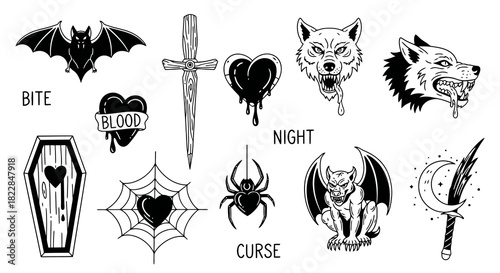 Gothic Horror Tattoo Flash Sheet Vampires Werewolves Bats Spiders Daggers Coffins Hearts and Moon