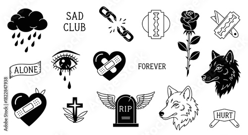 Emotive Tattoo Designs Broken Heart Sad Cloud Wolf Rose RIP Tombstone for Grief Loss Sadness and Heartbreak Collection