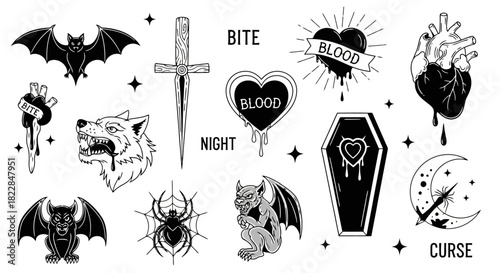 Gothic Vampire Tattoo Flash Sheet Bats Wolves Hearts Dagger Coffin Spider Moon