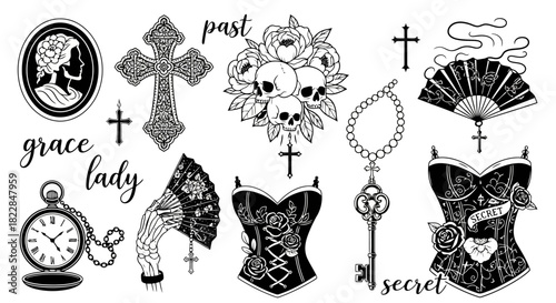 Gothic Victorian Illustration Elements Corsets Skulls Roses Crosses Vintage Locket Pocket Watch Fan Dark Romance Design Assets