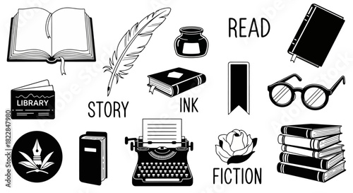 Creative Writing and Reading Concept Icons Vintage Typewriter Books Feather Pen Inkwell Glasses More for Storytelling and Education