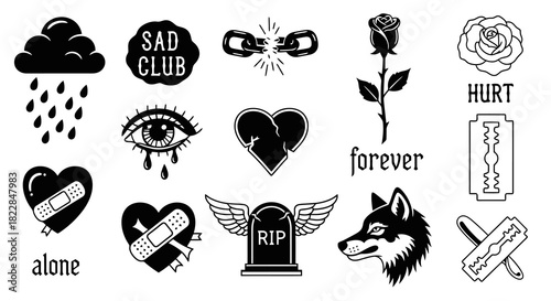 Melancholy Tattoo Flash Sheet Sadness Heartbreak Loss Rose Wolf Broken Chains RIP Tombstone Clouds Tears Razor Blade
