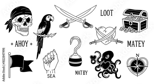 Pirate Theme Icons and Illustrations Skull Parrot Sabers Treasure Chest Compass Hook Octopus Flag Fist and Text Elements for Nautical and Adventure Designs