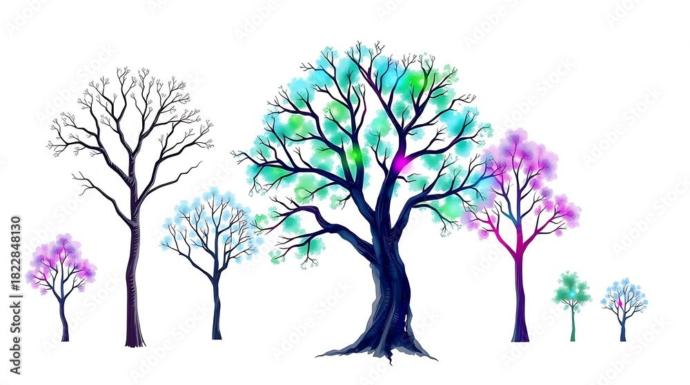 Obraz premium Colorful stylized tree illustrations isolated on white background for various uses