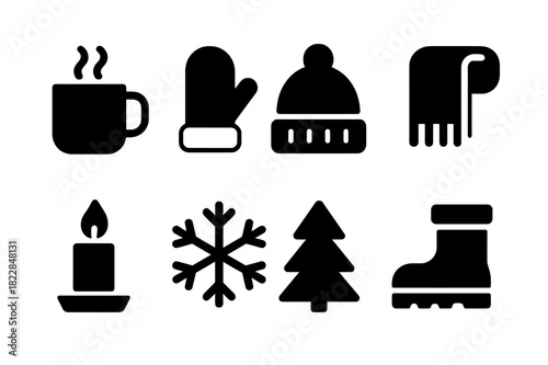 Cozy Winter Icons. Cozy winter icons. Filled icon set of cozy winter icons: mug with steam, mittens, wool hat,