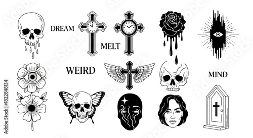 Gothic Tattoo Designs Illustrations Skulls Crosses Roses Eyes Butterflies Dark Aesthetic Art Vector Pack