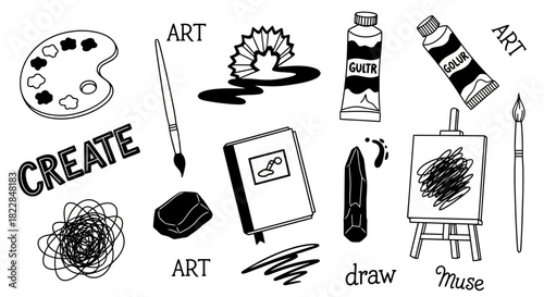 Creative Art Supplies Doodle Collection Palette Brushes Easel Paints Notebook Pencil Unleash Your Imagination