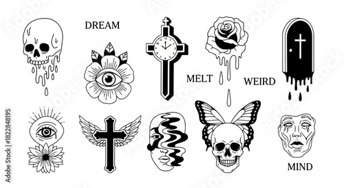 Surreal Skeleton Eclectic Tattoo Designs Skulls Roses Eyes Crosses Butterflies and Melting Faces in a Unique Illustration Collection