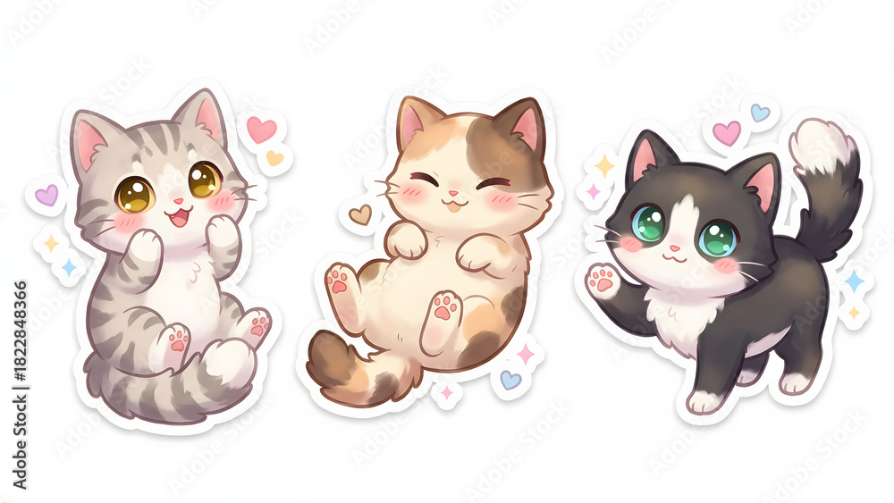 Fototapeta premium Adorable Cartoon Kitten Sticker Pack Happy Animals Design