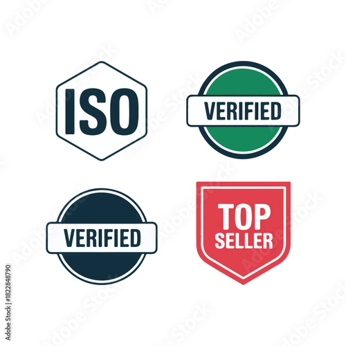 Four certification badges I S O verified and top seller labels vector