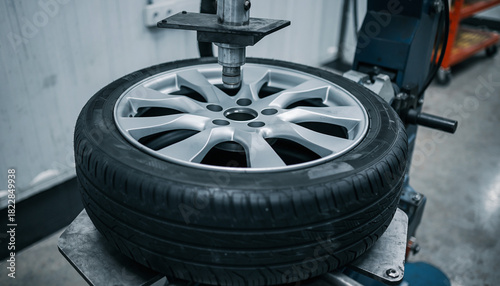 Close-up of a car tire being mounted on a wheel rim using a professional machine at a vehicle service station