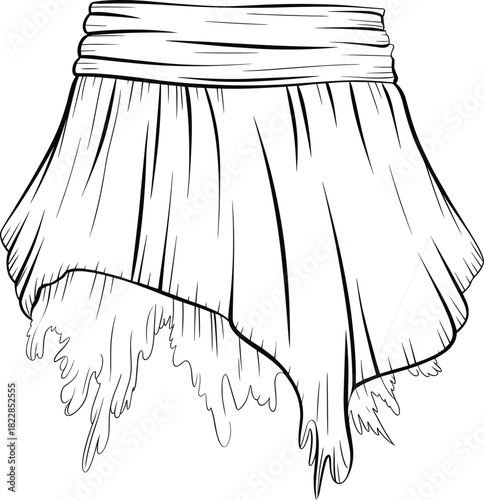 Asymmetrical skirt sketch, high waist design, frayed hemline, fashion illustration, garment drawing, bohemian style, costume concept, fantasy apparel