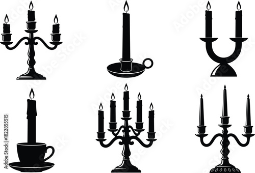 Set of black silhouette antique candlestick holders and candelabra with burning flames, vector collection of elegant light sources isolated for luxury, vintage, and gothic design.