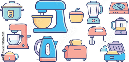Kitchen Appliances Collection: An array of colorful illustrations showcasing various kitchen appliances, symbolizing culinary tools and domestic life.