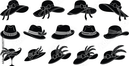 Set of black silhouette women's fashionable vintage hats, including wide-brimmed floppy hats, cloche hats, and fedoras with ribbons and feathers, isolated vector illustration collection.