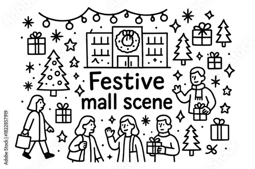 Festive Mall Doodles. Festive mall scene. Hand-drawn doodle illustration of festive mall scene. Mall building,