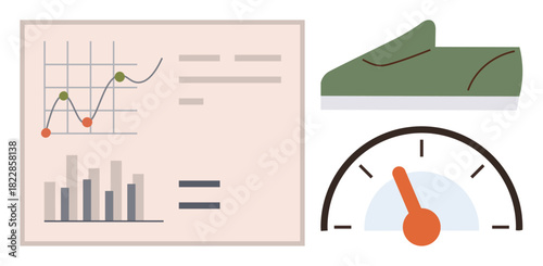 Data chart with bar graph and line graph, speedometer, and shoe highlights performance, speed, fitness, goal-tracking, professional growth. Ideal for business, sports health analytics progress
