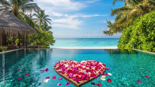 Romantic getaway at tropical resort with heart made of flower petals