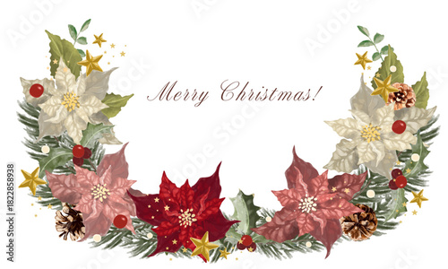 ポインセチアとモミの葉のクリスマスのオシャレなフレーム