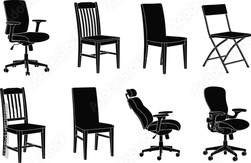 Set of Chair Silhouettes, Including Office, Swivel, Folding, and Dining Chairs, Representing Furniture, Interior Design, Home, and Business Office Vector Collection