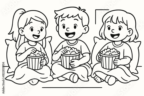 Movie Night Coloring. Popcorn and blankets children?s coloring book illustration, outlined drawing, kids