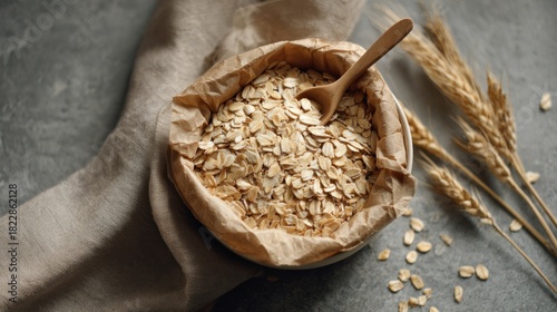 A bowl of rolled oats in a paper bag, accompanied by a wooden spoon and wheat stalks, sits on a textured grey surface.  Oats spill slightly onto the surface, suggesting rustic wholesomeness