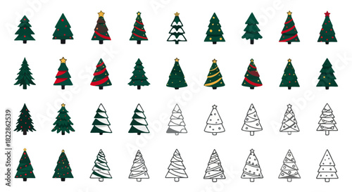 Collection of illustrated Christmas trees in various styles, including decorated and outline versions.