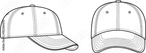Baseball cap technical sketch, side and front view, curved brim, ventilation eyelets, fashion vector template, cad drawing flat vector illustration