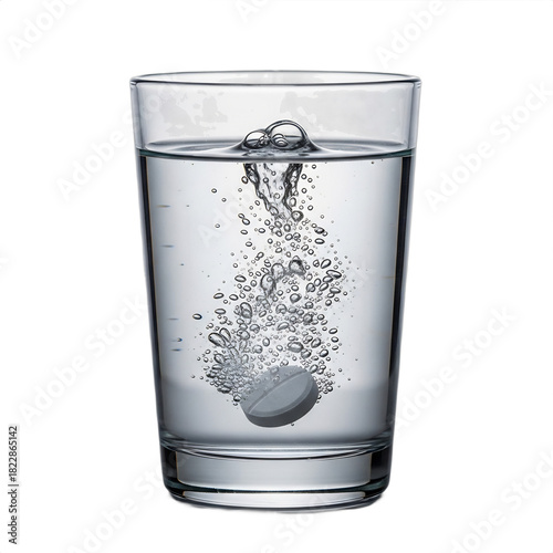 Fizzing antacid tablet in water-filled glass tumbler, symbolizing relief from holiday overindulgence, hangovers, or digestive upset. Clean, clinical focus on dissolving bubbles.